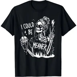 "I Could Be Meaner" Skeleton Sarcastic T-Shirt for Men - Snarky Humor Design, Soft Cotton Crew Neck Short Sleeve, Perfect for St. Patrick's Easter Valentine Graduation Father's Mother's Birthday Gift, Summer Spring Top, Machine Washable