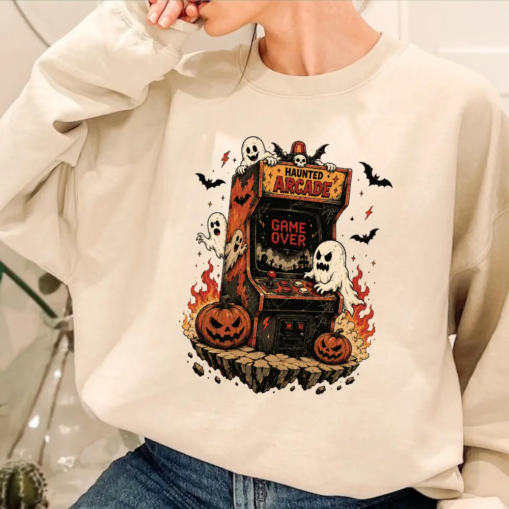 Halloween Arcade Sweatshirt, Ghost and Pumpkin Graphic Crewneck, Retro Gaming