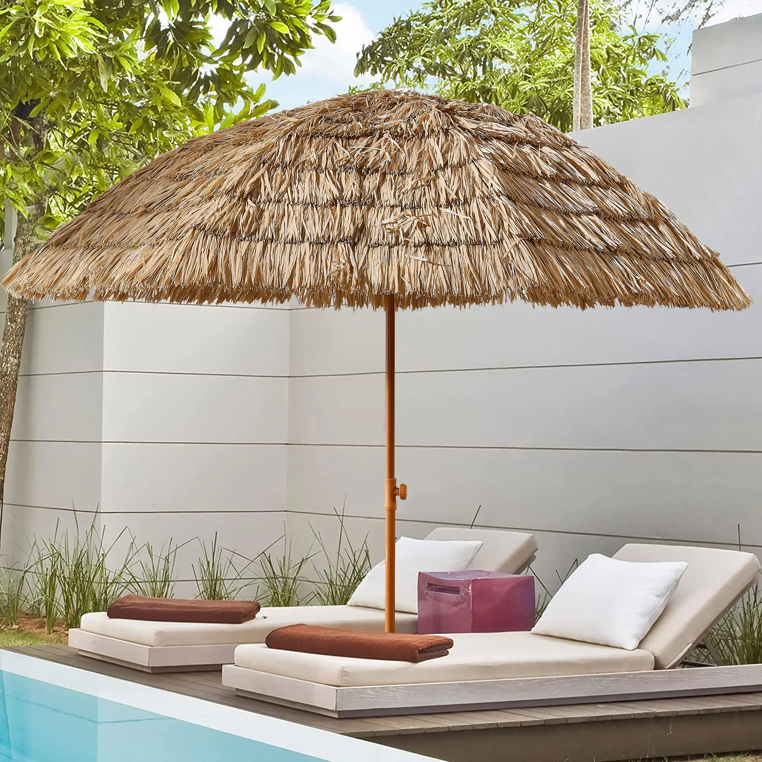 XUAN 8'Thatch Patio Tiki Umbrella Tropical Palapa Raffia Tiki Hut Hawaiian Hula Beach Umbrella,Straw umbrella