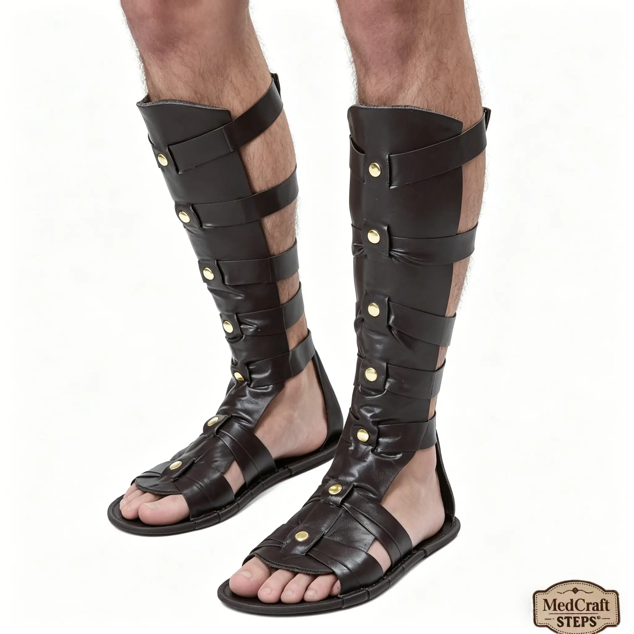 Men's Medieval-Renaissance Roman Gladiator Ankle-Strap Buckless Decorated Rubber-Soled Retro Leather-Strap Sandals - Comfortable Walking Shoes Based on Classic Historical Designs, Ankle-Strap Men's Sandals, Buckless Men's Sandals