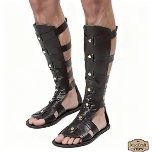Men's Medieval-Renaissance Roman Gladiator Ankle-Strap Buckless Decorated Rubber-Soled Retro Leather-Strap Sandals - Comfortable Walking Shoes Based on Classic Historical Designs, Ankle-Strap Men's Sandals, Buckless Men's Sandals