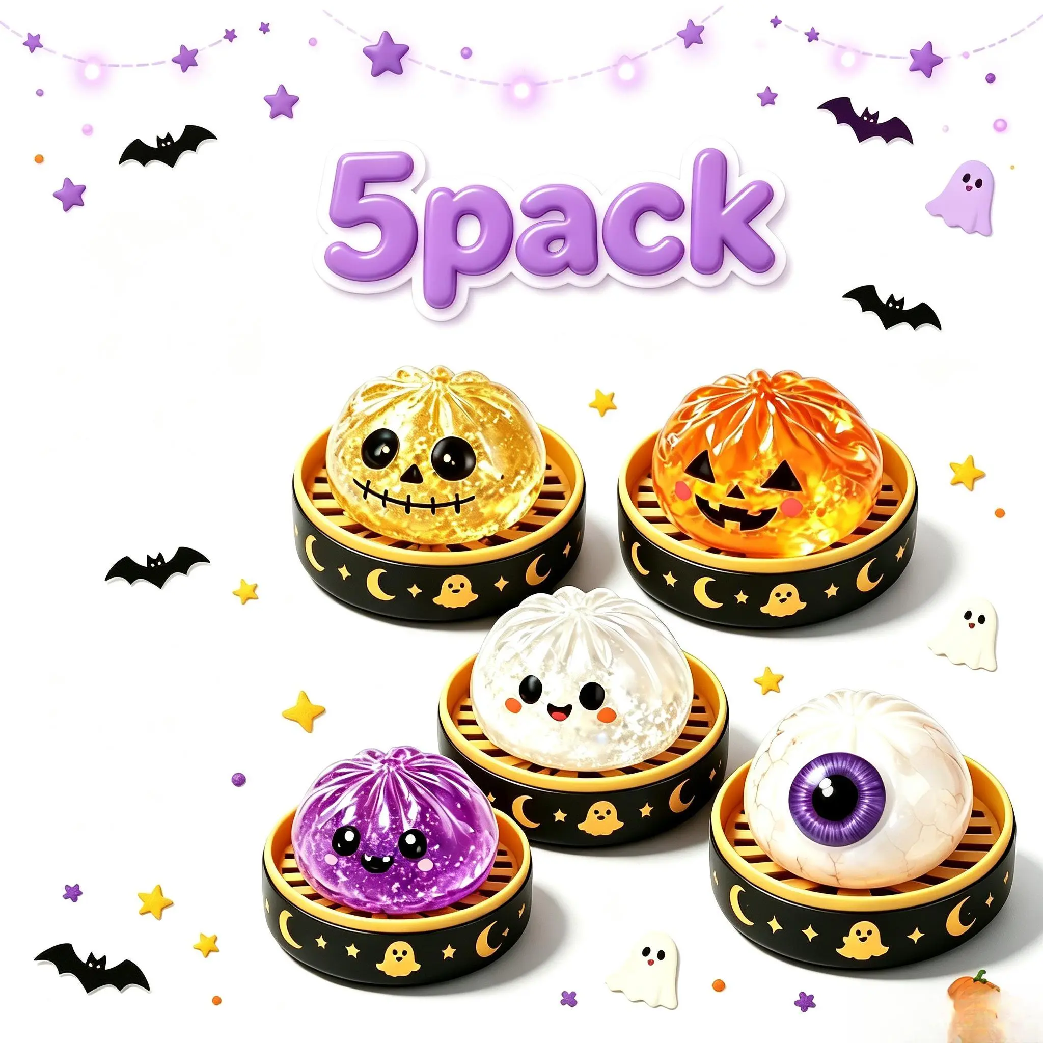 Halloween Pumpkin Squishy Mystery Box 5 Pack | Slow Rise Kawaii Stress Relief Toy | Cute Ghost Eyeball Jack-O-Lantern Fidget Toys | Halloween Gift stress-ball dumpling squishy