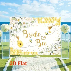 2D Flat Banner Polyester Photography Backdrop, Soft Lightweight Foldable HD Digitally Printed Background Cloth with White Floral Honeycomb Bee Pattern and "Bride to Bee" Text, for Bridal Shower, Wedding Party, Engagement Celebrati