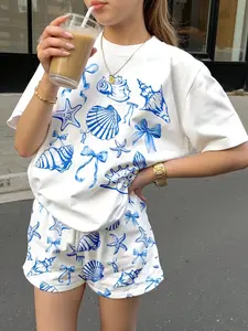 Adorable Girls' Oceanic Life Shell Bowknot 3D Print Casual Short Sleeve Top and Shorts Set, Summer Leisure