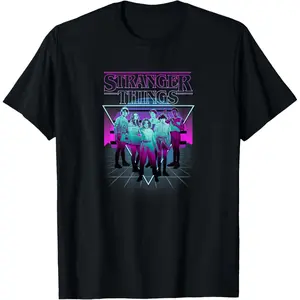 S-Stranger Things Group Shot Neon Triangle T-Shirt Cotton Quality Printed Crew Neck T-Shirt Adult Men's and Women's Christmas Day Gift Birthday Gift Black Top Casual Outfit Soft Classic Minimalist