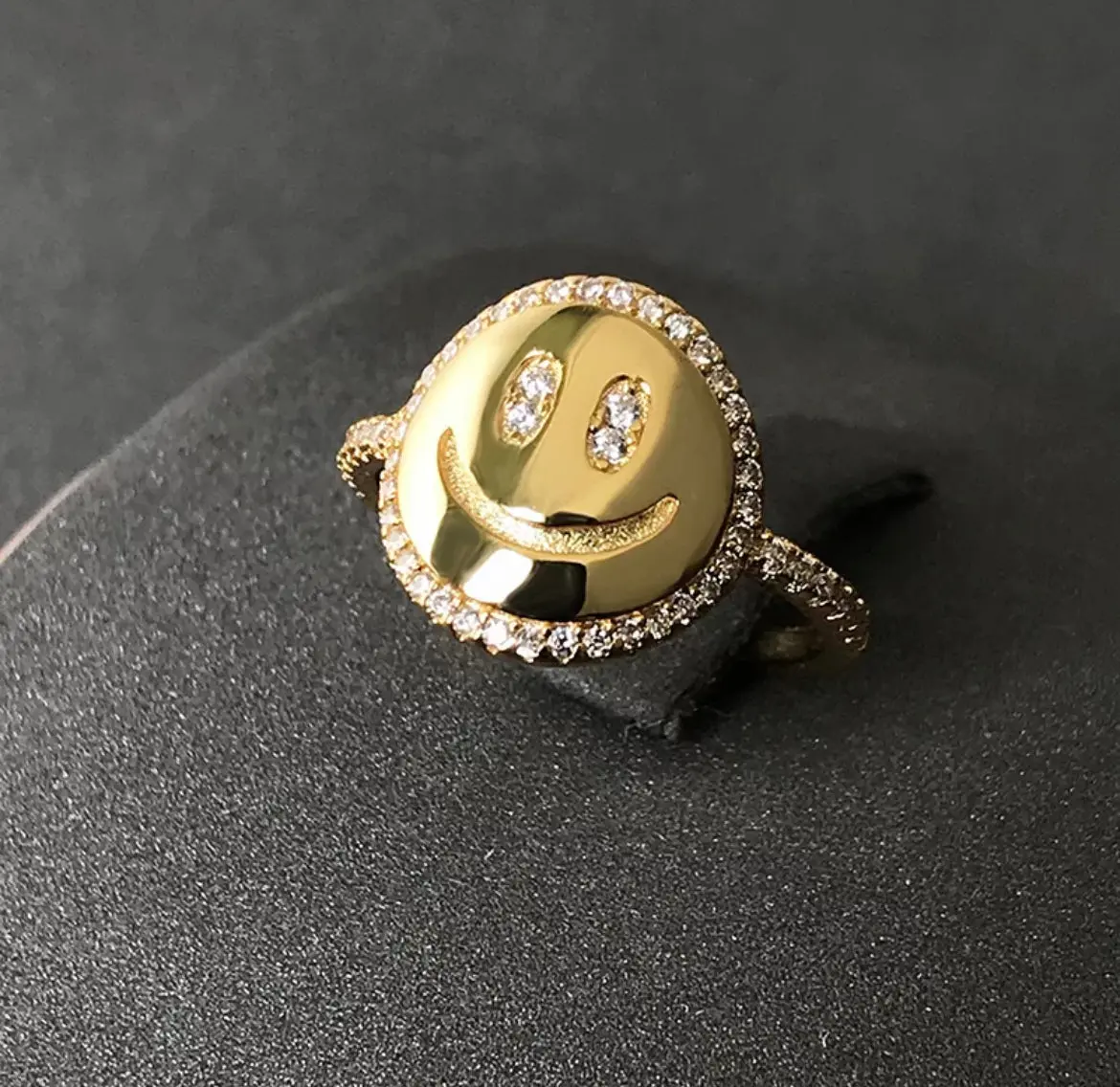 Smiley Face Ring Unisex 14k Gold Plated Crystal Accents for sizes 6 7 8. Perfect everyday wear fashion accessory with a cheerful smile motif.