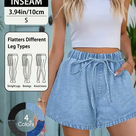 Women's Basic High-Waist Denim Shorts, Fashionable Loose-Fit Elastic Waist Wide-Leg Shorts, Casual Summer Wear, Jean Shorts High Waisted