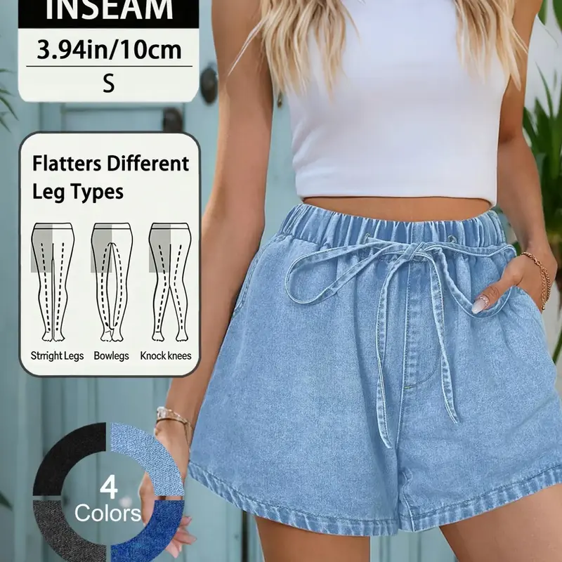 Women's Basic High-Waist Denim Shorts, Fashionable Loose-Fit Elastic Waist Wide-Leg Shorts, Casual Summer Wear, Jean Shorts High Waisted
