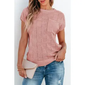 Andrea Lattice Textured Knit Short Sleeve Sweater