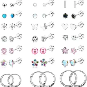 21 Pairs Small Stud Earrings Set for Women – Hypoallergenic Stainless Steel Colorful Tiny Earrings, Dainty Multi-Style Cartilage Piercing Jewelry, Funky Unique Accessories for Daily Casual Party Wear