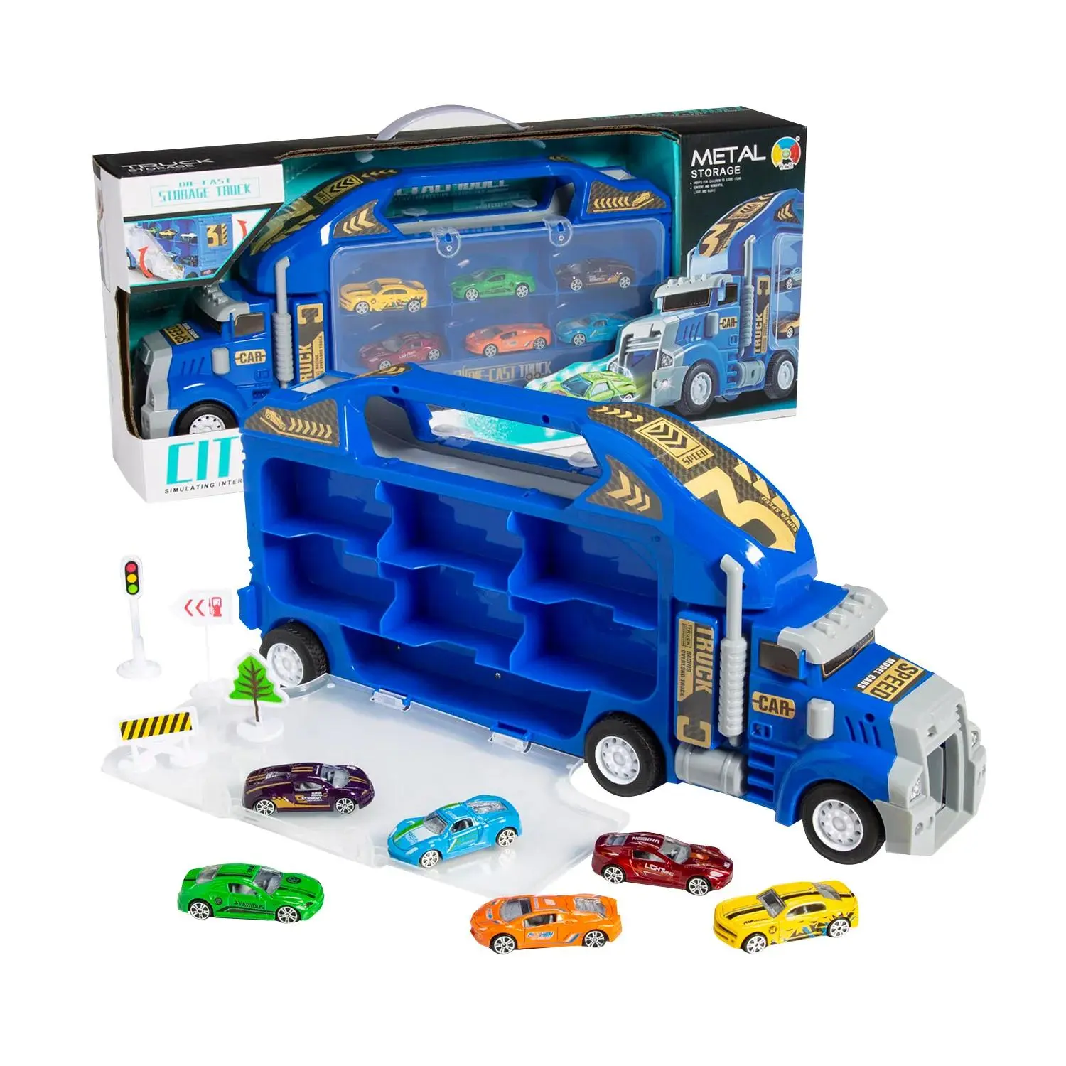 22"x4"x10" 2-in-1 Die-Cast Carrier Truck Playset - 7-Pc Die Cast Vehicles Set, Durable and Portable Remote Control Compatible Toy for 4-6 Years Kids, All Seasons Toy