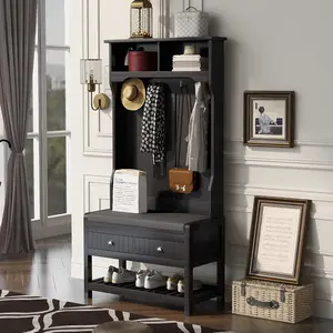 69" Hall Tree with Shoe Storage Bench for Entryway, 3-in-1 Coat Rack with 4 Hooks and Hinged Lid for Entrance, Hallway Black