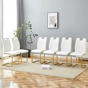 White PU Dining Chair Set.Uniquely designed white dining chairs. PU material, paired with gold metal chair legs. Suitable for offices, restaurants, kitchens, conference rooms, etc. (Set of 6)