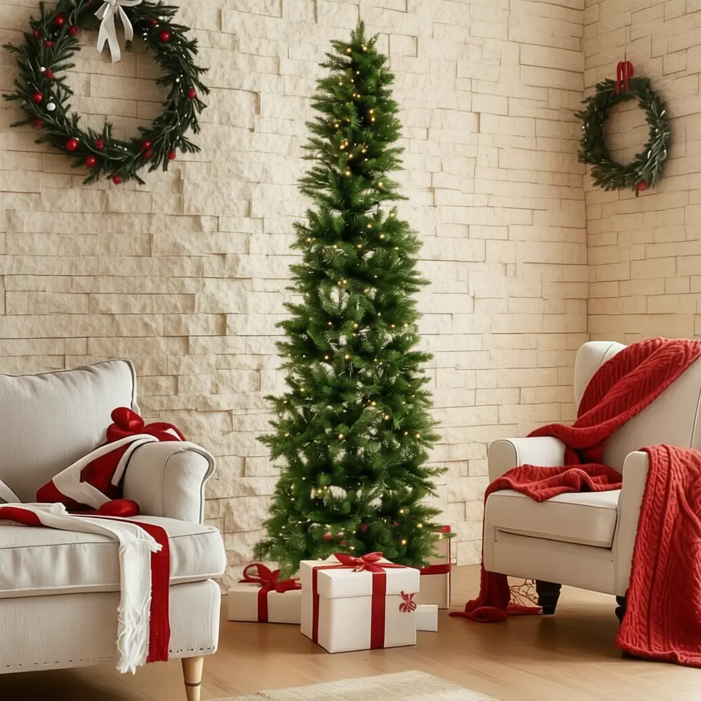 Pre-Lit Slim Pencil Christmas Tree 4.5-9ft Artificial Xmas Tree with Warm White LED Lights 8 Modes Hinged Branches for Easy Setup Space Saving for Small Spaces