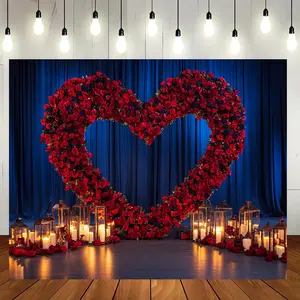 1PC,2D Flat Romantic Heart - Shaped Rose Backdrop, Valentine's Day Proposal & Wedding Party Decoration Cloth, Red Rose Candle Lantern Scene Setup, Photography & Live - Stream Background Curtain