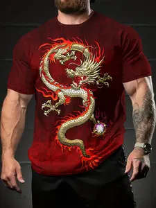 Men's Dragon Pattern Printed T-Shirt Round Neck Short Sleeve, Summer Casual Fashion Streetwear, Daily Wear Sportswear