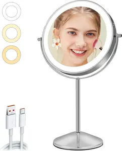 8" Rechargeable Chrome Vanity Makeup Mirror with Lights - 1X/10X Reflective Magnification, Touch Screen, 3 Color Dimmable 54 LED Lights, Adjustable Brightness, 360-Degree Rotation, Portable Durable Tabletop Bathroom Gadget
