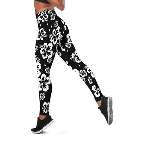 Matching Hawaiian Black Hibiscus legging Women's Leggings, Yoga Pants, High Waist Hunting Tights, Women's Outdoor Fitness Outfit