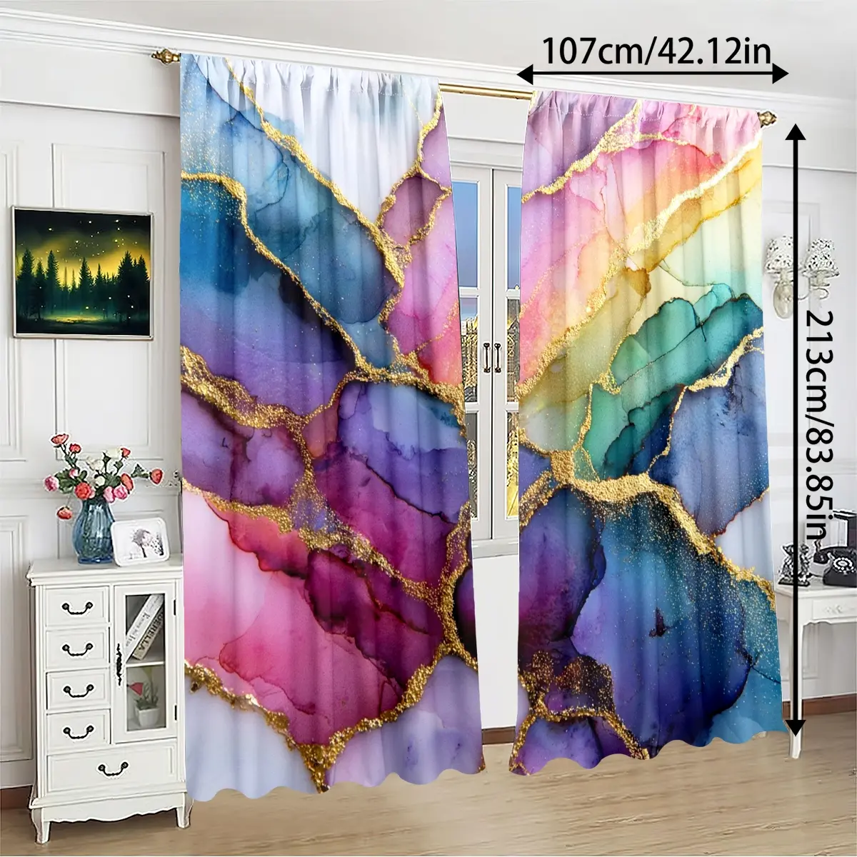 Marble Pattern Printed Curtains, High-Definition Digital Print, Rod Pocket Installation, 100% Polyester, UV Protection, All Seasons Decorative Curtains