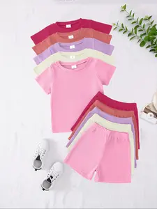 Girls' Urban Fashion Casual Solid Color Short Sleeve Top and Shorts Set, Summer Outdoor Wear, Knitted Set, Best Gift for Granddaughter/daughter