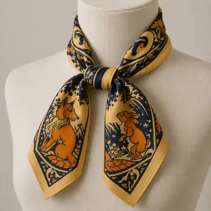 Fox and Rabbit Fable Bandana – Vintage Storybook Cotton Neckerchief, Woodland Animal Scarf, Cottagecore Bandana