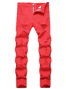Men's Jeans Solid Color Red Skinny Stretchy Streetwear Casual Trousers for Daily Wear Fashion Denim Pants for All Seasons