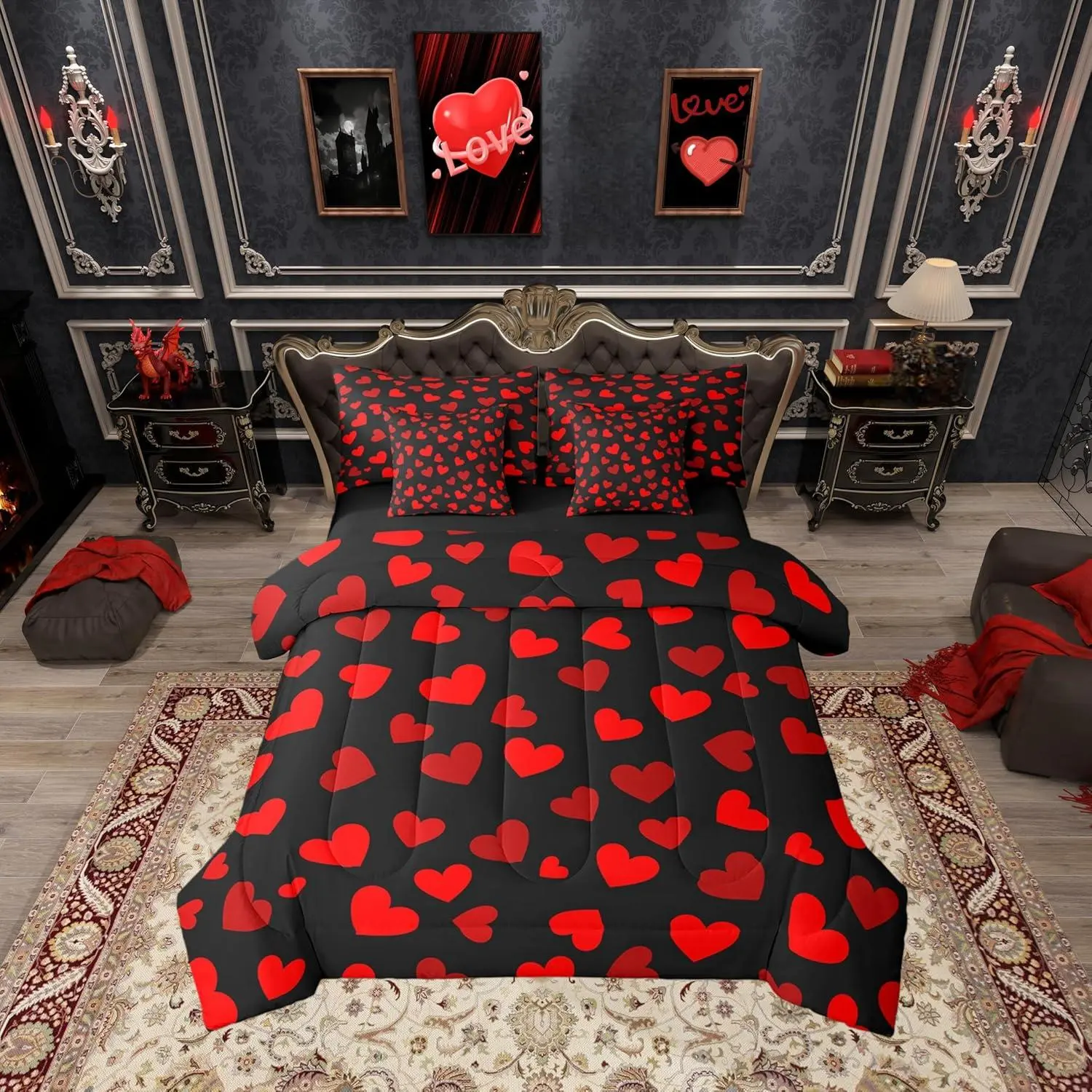 7 Pcs Red Hearts Comforter Set,Romantic Valentine's Day Theme Bedding Set,Chic Love Hearts Fashion Red Black Bed Set,(Comforter+Fitted+Flat Sheet+Pillowcases+Pillow Covers)