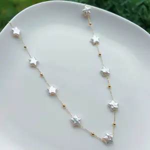 Piswency Genuine Freshwater Pearl Starry Necklace, 925 Sterling Silver Star Pearl Choker Necklace, Handmade Jewelry Gift for Her