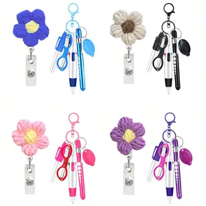 Nurse Pen Set, 6 Counts/set Retractable Ballpoint Pen Floral Pattern Keychain Set, Including Pen, Scissors, LED Flashlight, Student ID Card Holder, Keychain