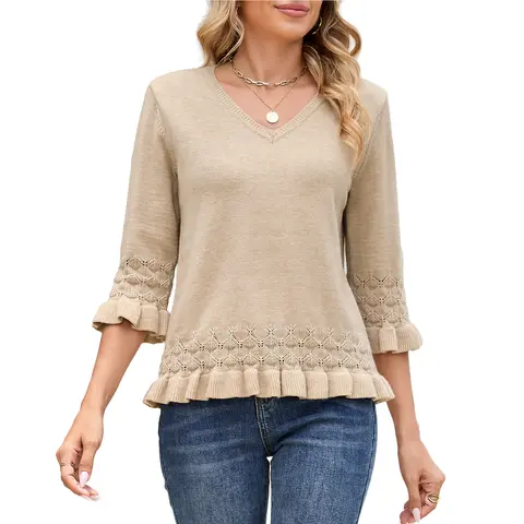 EVALESS Women's High-Stretch Fitted V-Neck Contrast-Trim Eyelet Knit Sweater Top, 3/4 Ruffle Sleeves, Polyester Lightweight Comfy Pullover, Basic Cute Tops for Women, Casual Feminine Knitwear