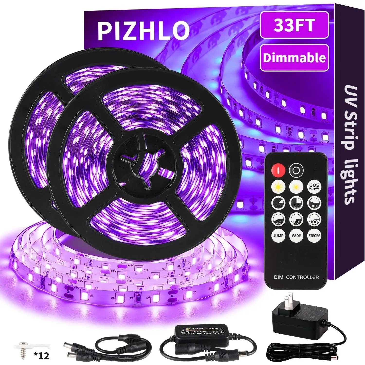 Upgraded 33ft/10M Low Voltage LED Black Light Strip Set with Remote, 600 SMD2835 LEDs, 12V DC Power Supply Self-Adhesive Dimmable Fixture, Non-Waterproof LED Atmosphere Lights for Glow Parties, Indoor Use