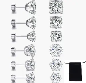 Flat Back Earrings Set – Hypoallergenic Titanium/Surgical Steel Studs with Round & Princess Cut Cubic Zirconia – Screw Back CZ Earrings for Women & Men, Comfortable for Sleeping