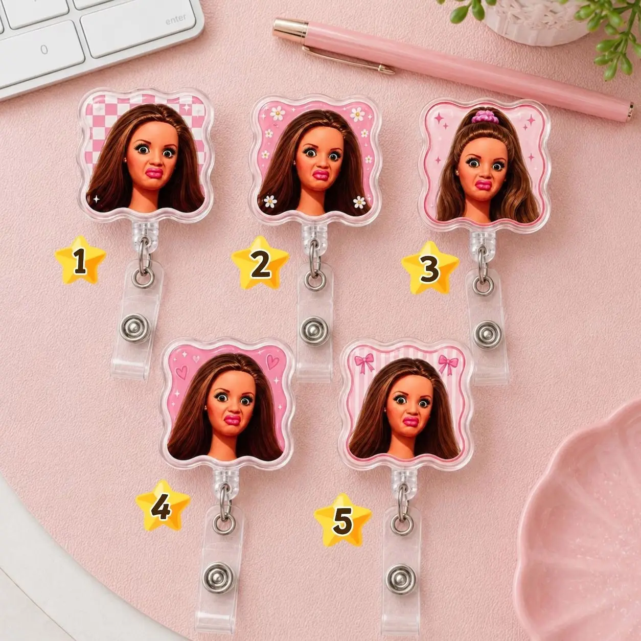 5 ops (not combo 5)  Doll Face Meme Badge Reel, Funny Retractable ID Holder, Viral Meme Badge Clip