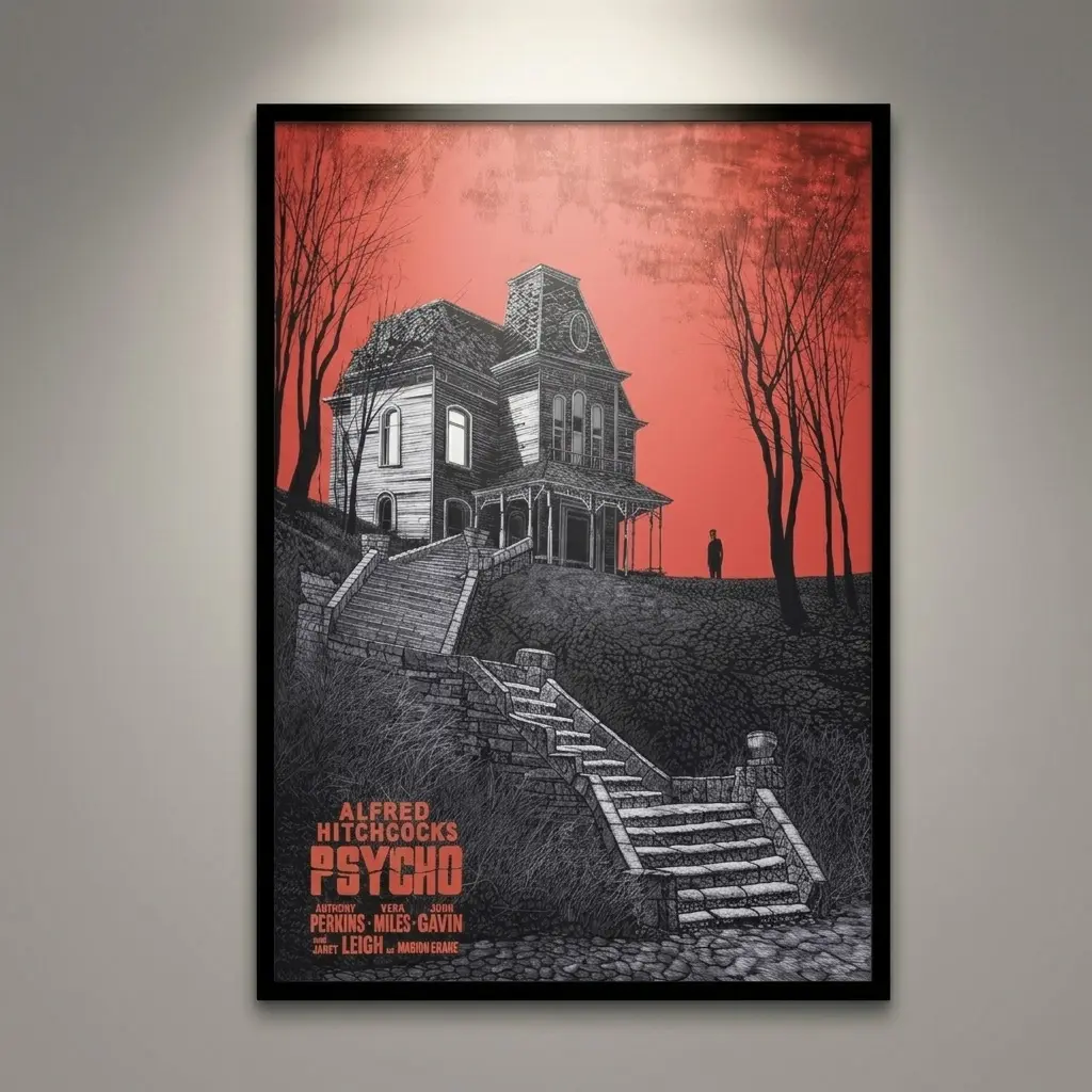 Psycho Movie Vintage Poster Wall Art, Classic Hitchcock Horror House Decor, Eco-friendly Canvas Wrap, Sleek Black Framed or Unframed Print Options, High Quality Aesthetic Gift for Cinema Lovers Bedroom