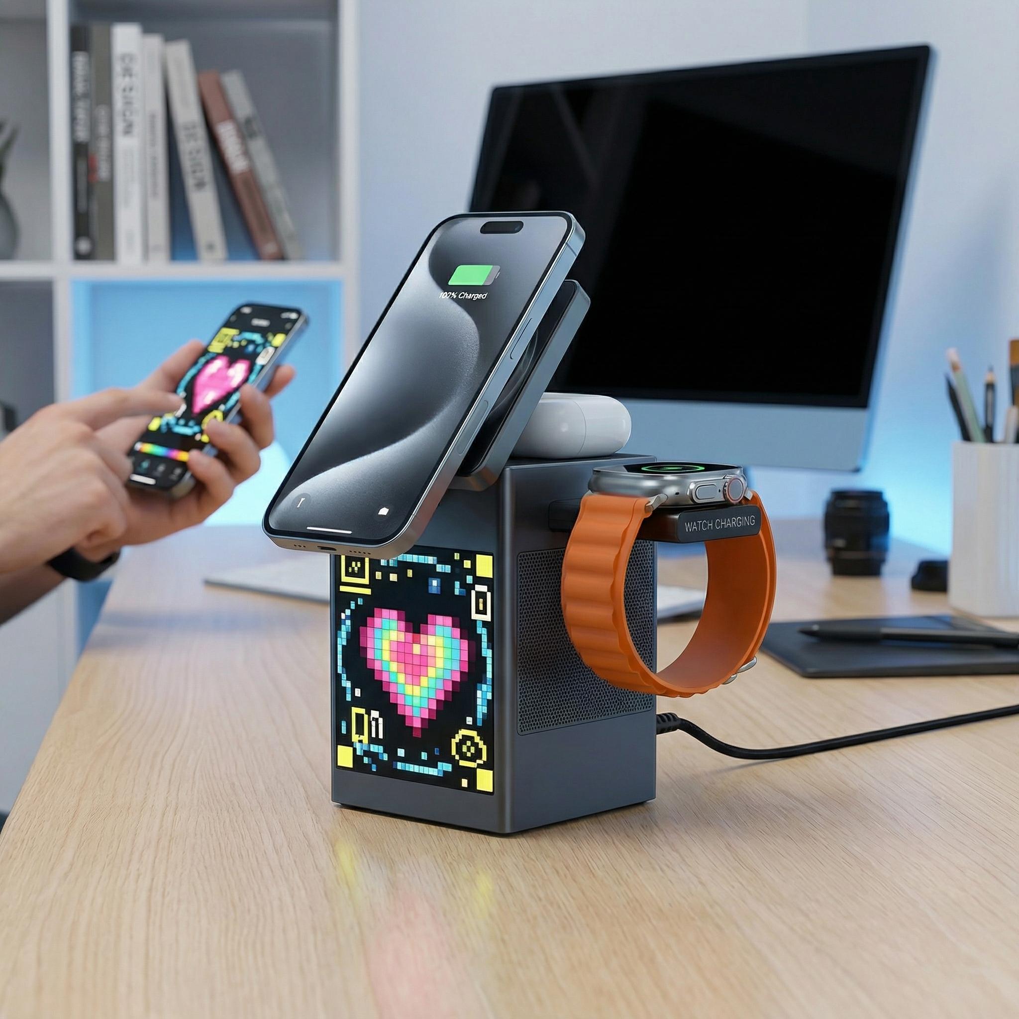 MagSafe-compatible 6-in-1 Charging Station with Bluetooth Speaker, Clock & Pixel Display – Ideal for iPhone, Desk, Travel & Multi-Device Charging | Smart All-in-One Solution for March Madness, Spring Break, World Cup & Easter