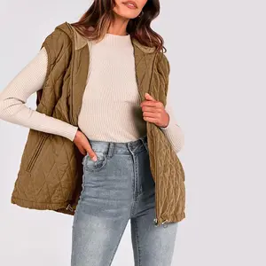 Women's Quilted Vest Casual Sleeveless Hooded Zip Up Diamond pattern Jacket With Pockets Winter Coat Outerwear Minimalist Top