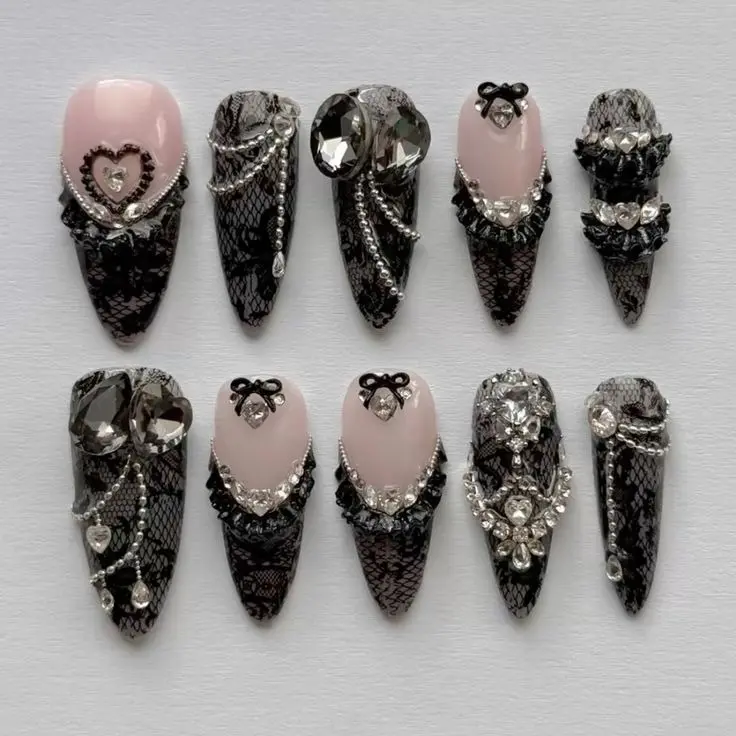 Gothic Black Lace Press On Nails, Rhinestone Heart Charm Nails, Romantic Coquette Nails, 3D Crystal Bow Fake Nail Set, Y2K Glam Nails