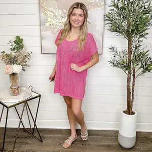 Scan the Crowd Knit Short Sleeve Pink Swim Cover Up