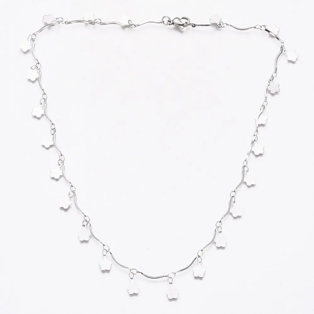 Stainless Steel Flower Charm Necklace Bar Necklace Lobster Silver 17.5" Z473