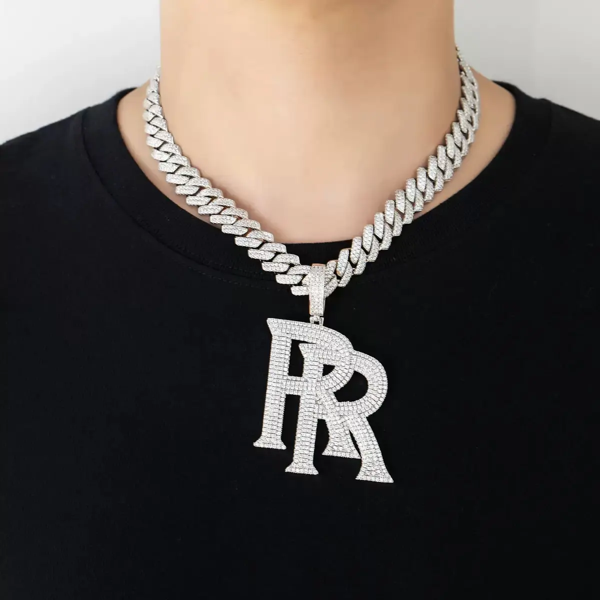 【FK】Men’s European American Hip Hop Necklace, Double R Letter Pendant Fashion Jewelry