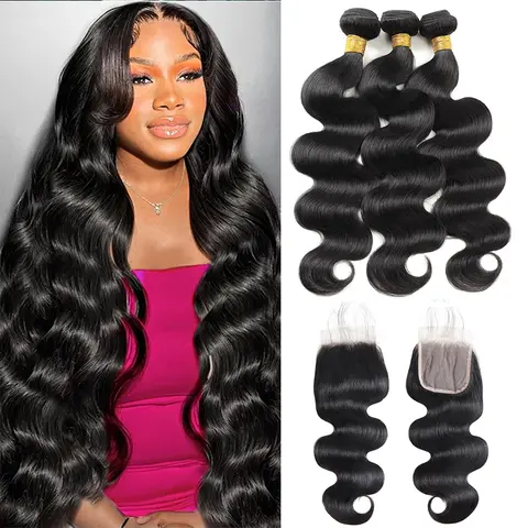 Body Wave Hair Bundles with Closure 15A Upgrade Premium Quality Hair Bundles 32inch 34inch Brazilian Human Hair 3/4 Bundles with 4x4 2×6 Lace Closure Sew in Body Wave Hairstyle