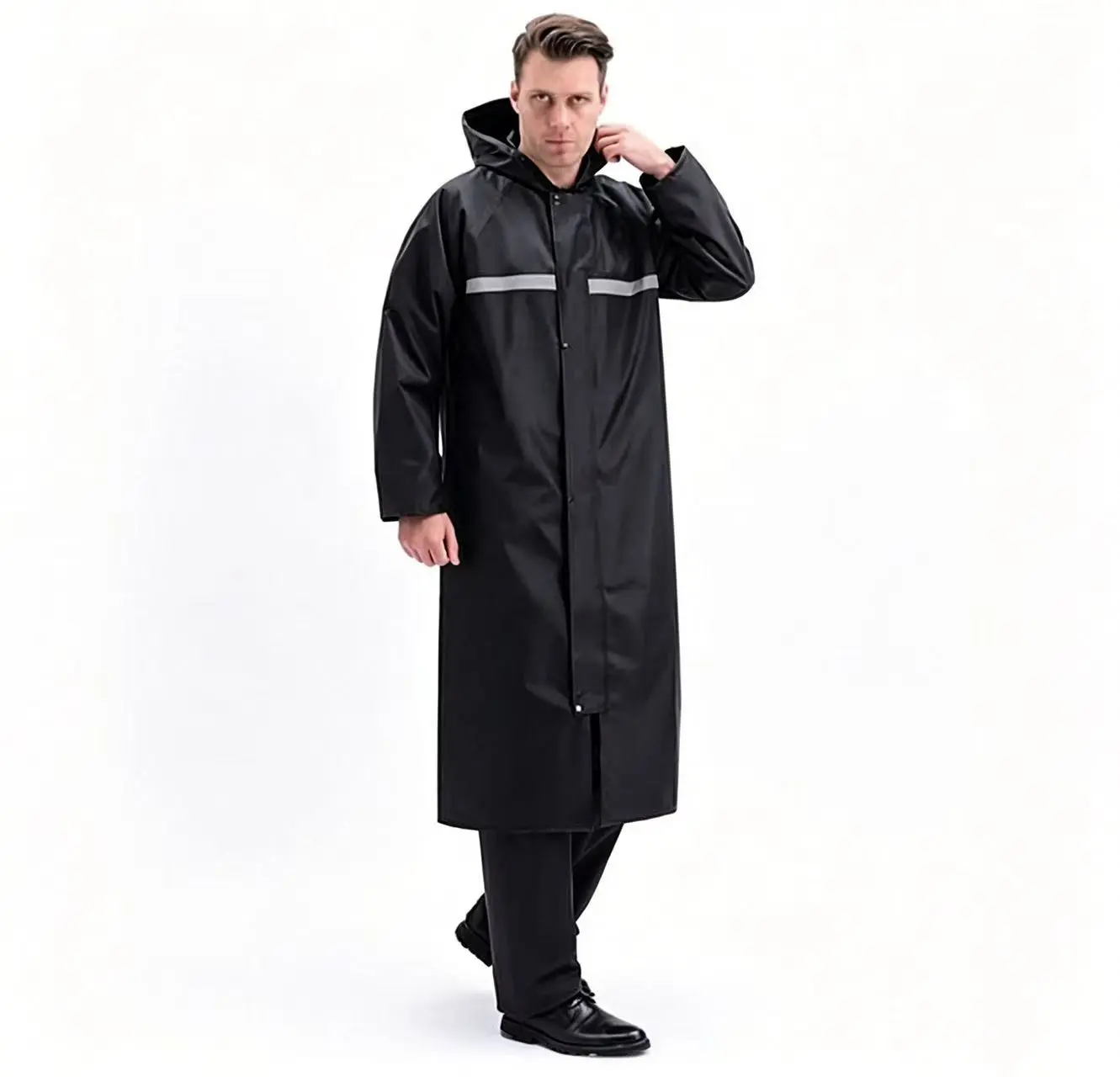 Men's Long Waterproof Raincoat, Lightweight Reusable Rain Jacket with Hood & Reflective Strips, Black