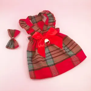 Cute Fashion Print Pet Dress with Bow, Plaid Pet Costume, Elastic Mesh Princess Dress, Puppy Cat, Complete Set