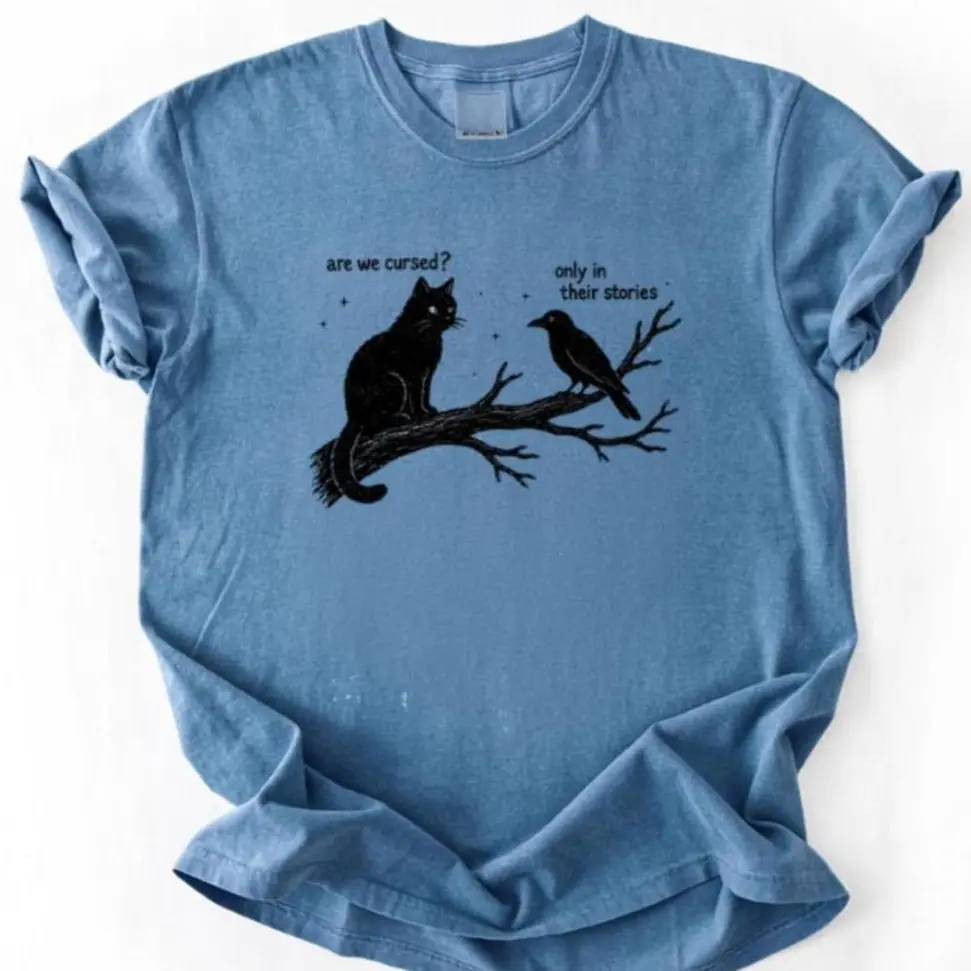 Comfort Colors Black Cat Raven Shirt, Are We Cursed Graphic Tee, Witchy Cottagecore T-Shirt, Gothic Halloween Shirt, Spooky Season Gift Unisex Fit