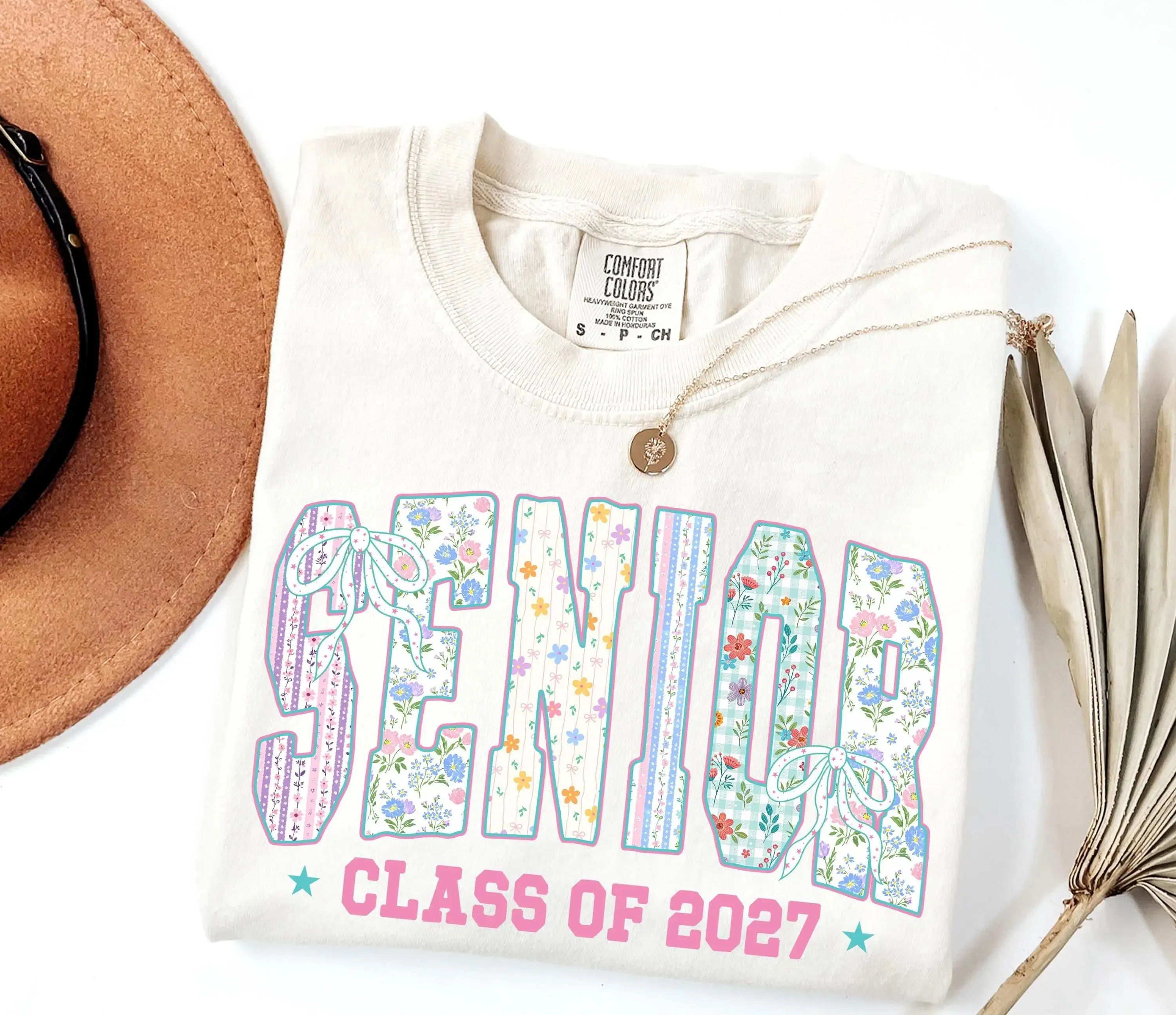 Comfort Colors Senior Class Of 2027 T-Shirt - Floral Patchwork Varsity Letters With Coquette Bows And Pastel Flowers, High School Senior Tee For Women, Graduation Party Outfit, Class Of 2027 Gift For Senior Girls, Students, Friends And Graduates