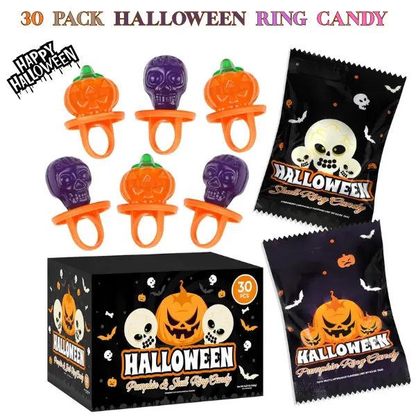 30-Pack Gluten-Free Halloween Ring Pop Candies Boxed Set - Sweet, Sugar-Based Mixed Flavors (Strawberry, Tutti Frutti), Playful Pumpkin & Skull Lollipops, Party Size Bulk Candy, Kids' Party Favors