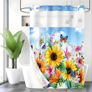 LVRLVR 1pc Bright Sunflower Butterfly Floral Shower Curtain with Sheer Top Window, Detachable Liner & No Hook C-Ring, 70.8" x 74"