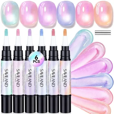 #05 SAVILAND One-Step Gel Nail Polish Pens Set, 6 Colors Pearl Pink Blue
