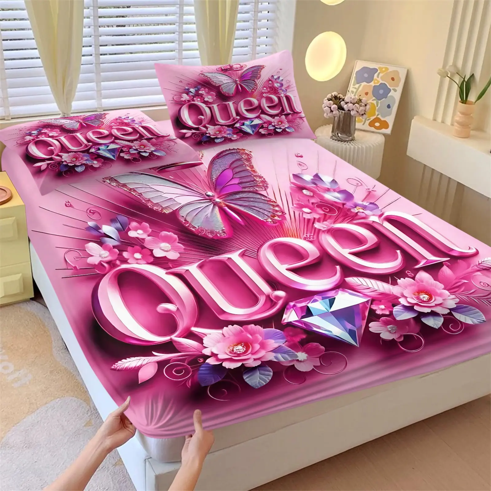 3pcs Queen Size Bedding Set, Printed Bedding Set, Crown Butterfly Print Design, Suitable for Girls' Bedroom Decoration, Soft and Breathable, Includes 1 Fitted Sheet and 2 Pillowcases