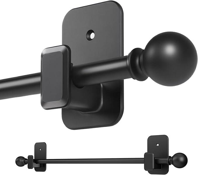 Inovaday No-Drill Curtain Rods for Windows - Adjustable 5/8" Tension Rod, Renter-Friendly Adhesive Brackets, Easy Install Black Drapery Pole